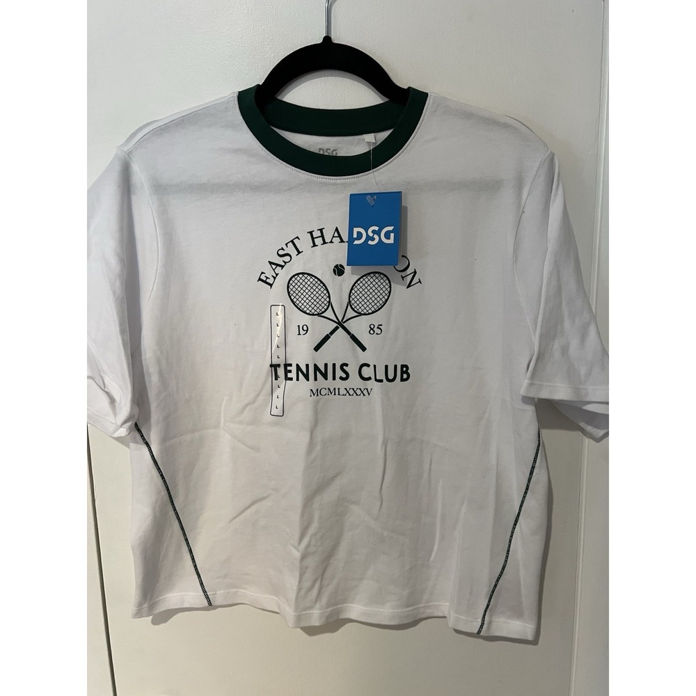 NWT DSG East‎ Hampton Tennis Club Kids T Shirt White Green Large Ringer Tee
